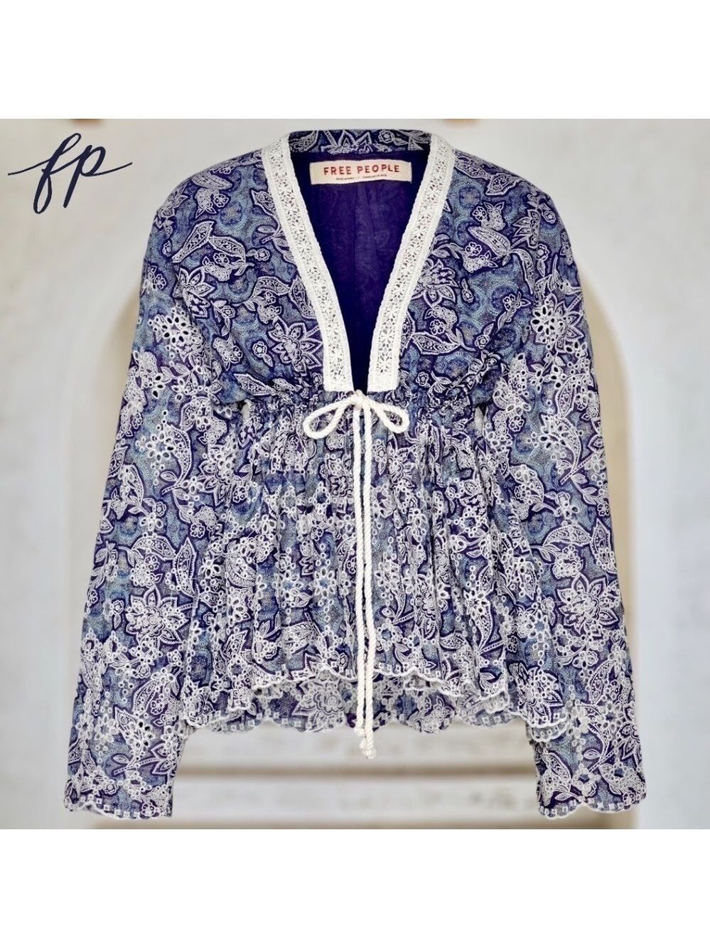 FREE PEOPLE NWT Anissa Floral-Print Eyelet/Embroidered Tie-Front Bed Jacket/Lg - Picture 12 of 14